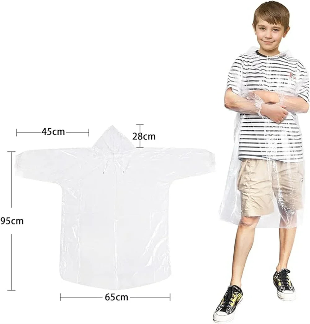 Disposable Waterproof Rain Poncho with Hood — For Adults & Kids (1–10pcs)