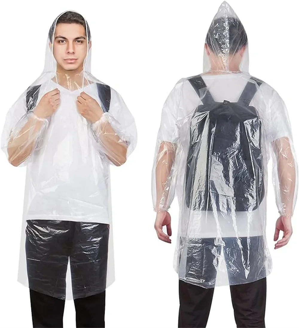 Disposable Waterproof Rain Poncho with Hood — For Adults & Kids (1–10pcs)
