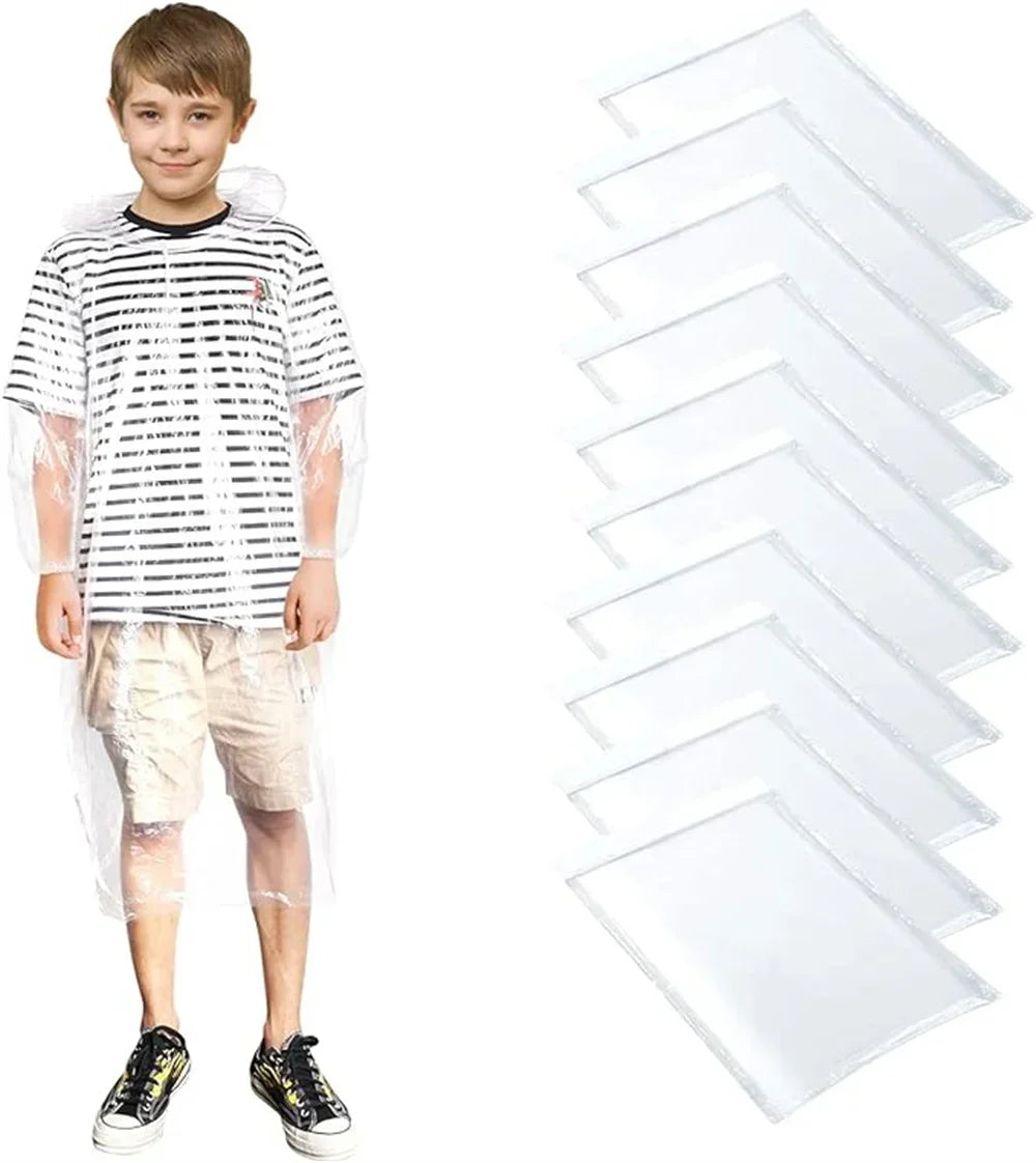 Disposable Waterproof Rain Poncho with Hood — For Adults & Kids (1–10pcs)