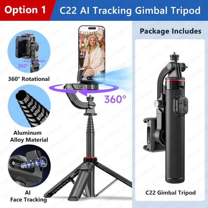 AI Face Tracking Gimbal Stabilizer - 360 Auto-Rotating Smart Phone Holder & Tripod