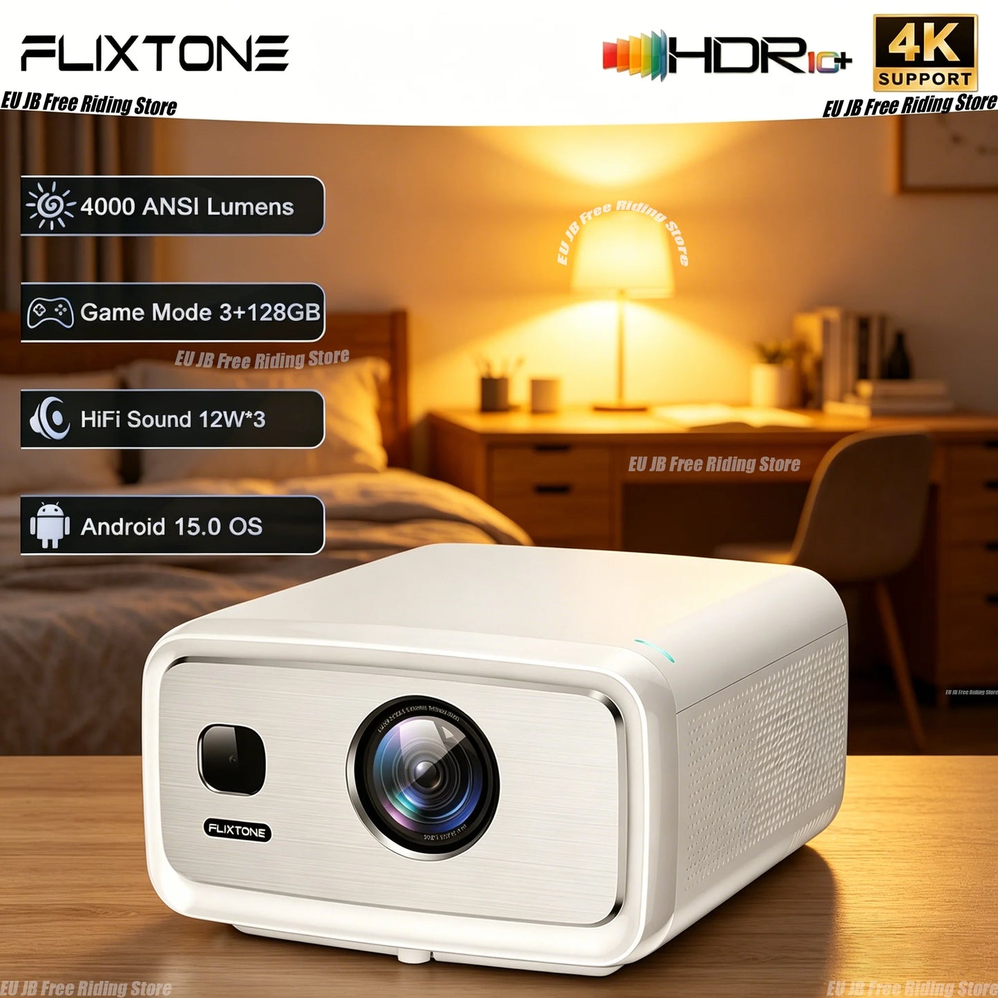 Flixtone D10S Projector 4000 ANSI Lumens 4K Video Decode Full HD Resolution Android 15.0 Smart System Cinema-level Home Theater Beamer with Auto Focus Keystone Correction Portable Smart TV Projector for Family Gathering Bedro