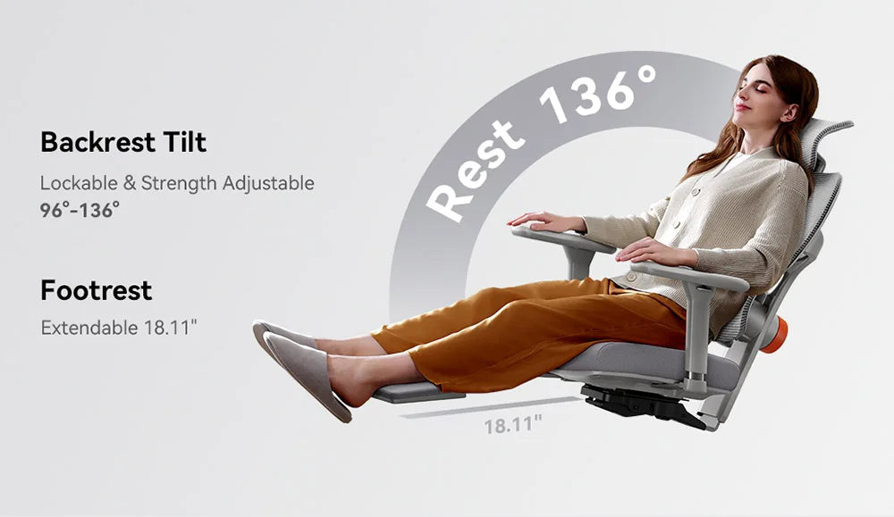 NEWTRAL NT002 Ergonomic Chair Adaptive Lower Back Support with Footrest 4 Recline Angle Adjustable Backrest Armrest Headrest