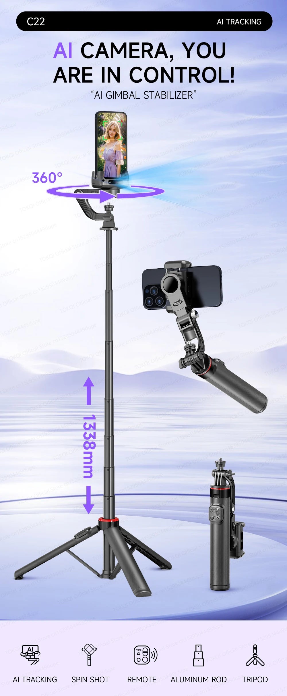 AI Face Tracking Gimbal Stabilizer - 360 Auto-Rotating Smart Phone Holder & Tripod