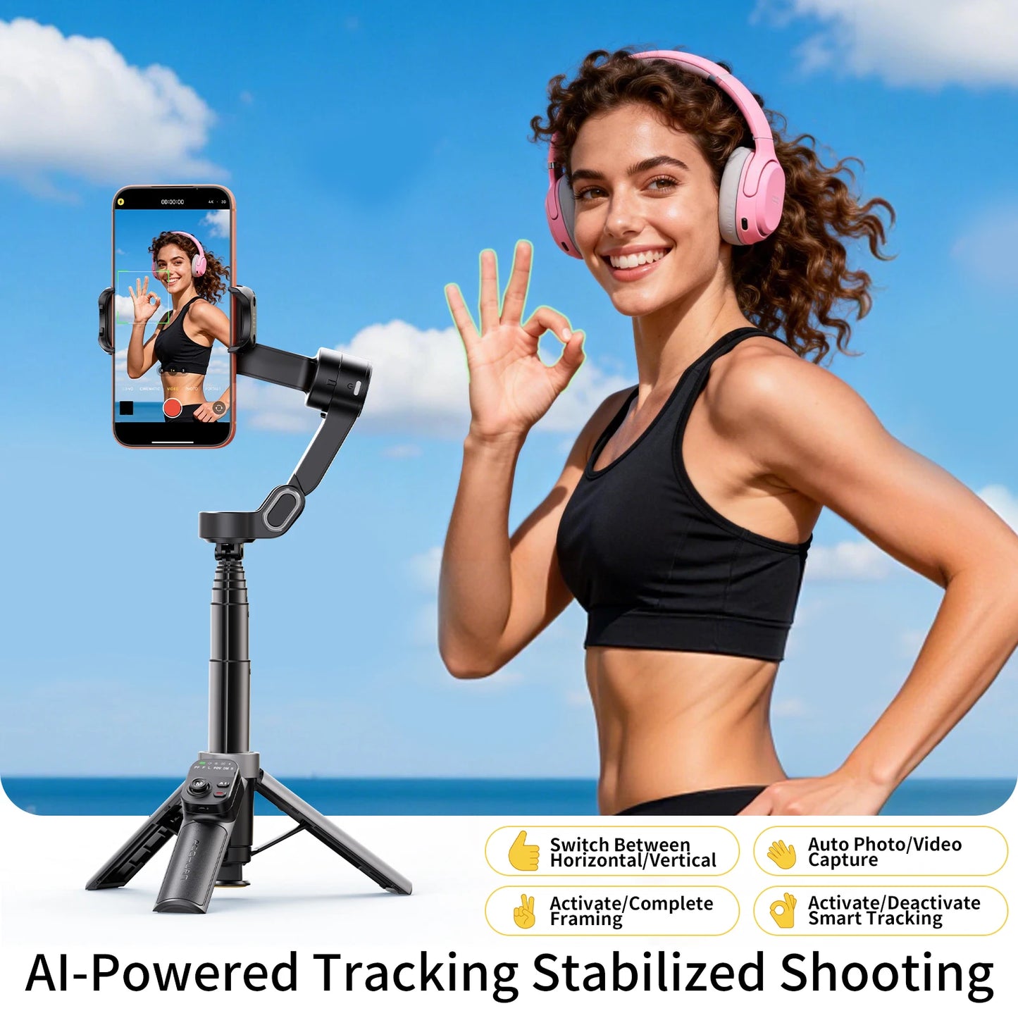 AI Face Tracking Gimbal Stabilizer Pro - Smart 3-Axis Tripod with 51cm Extension Rod
