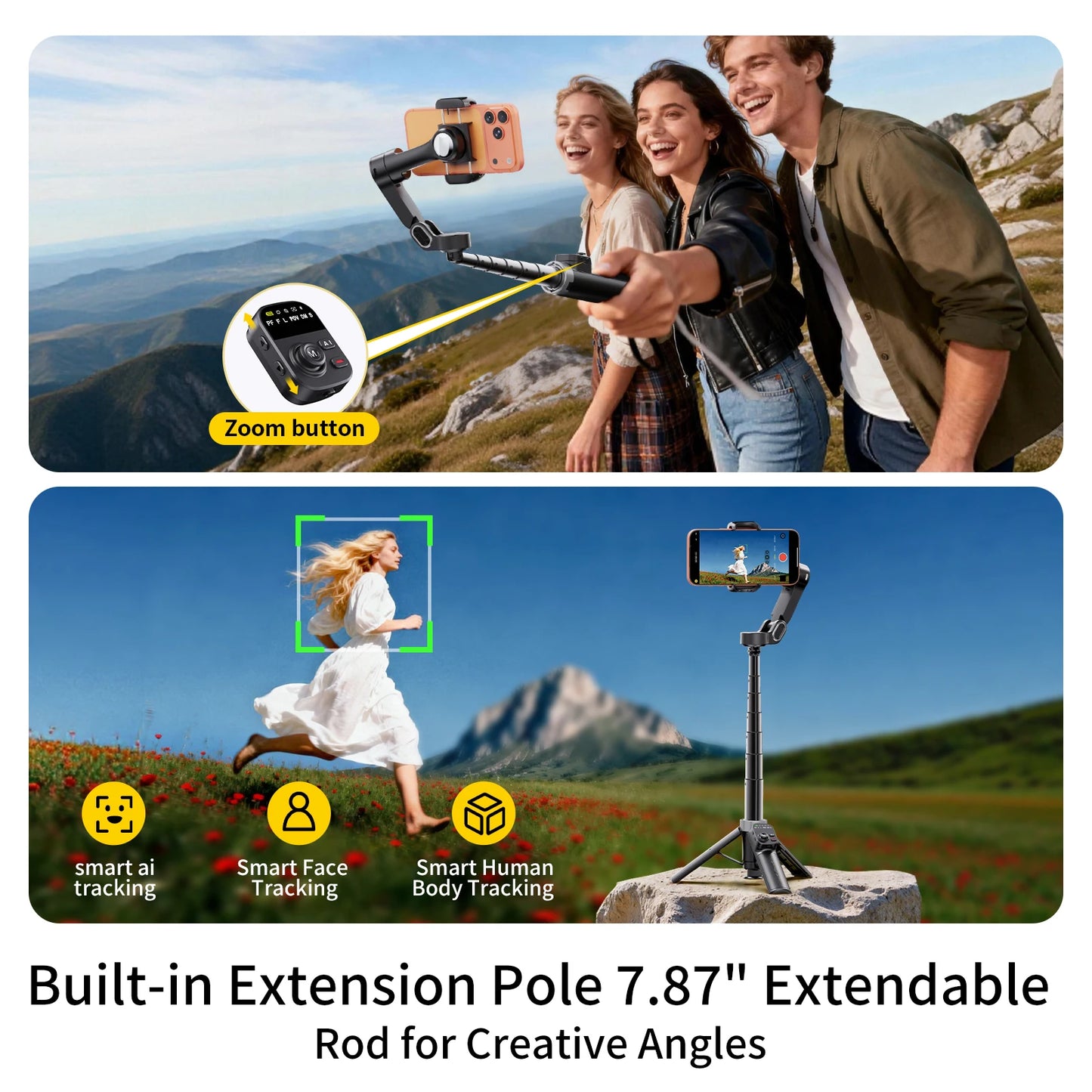AI Face Tracking Gimbal Stabilizer Pro - Smart 3-Axis Tripod with 51cm Extension Rod