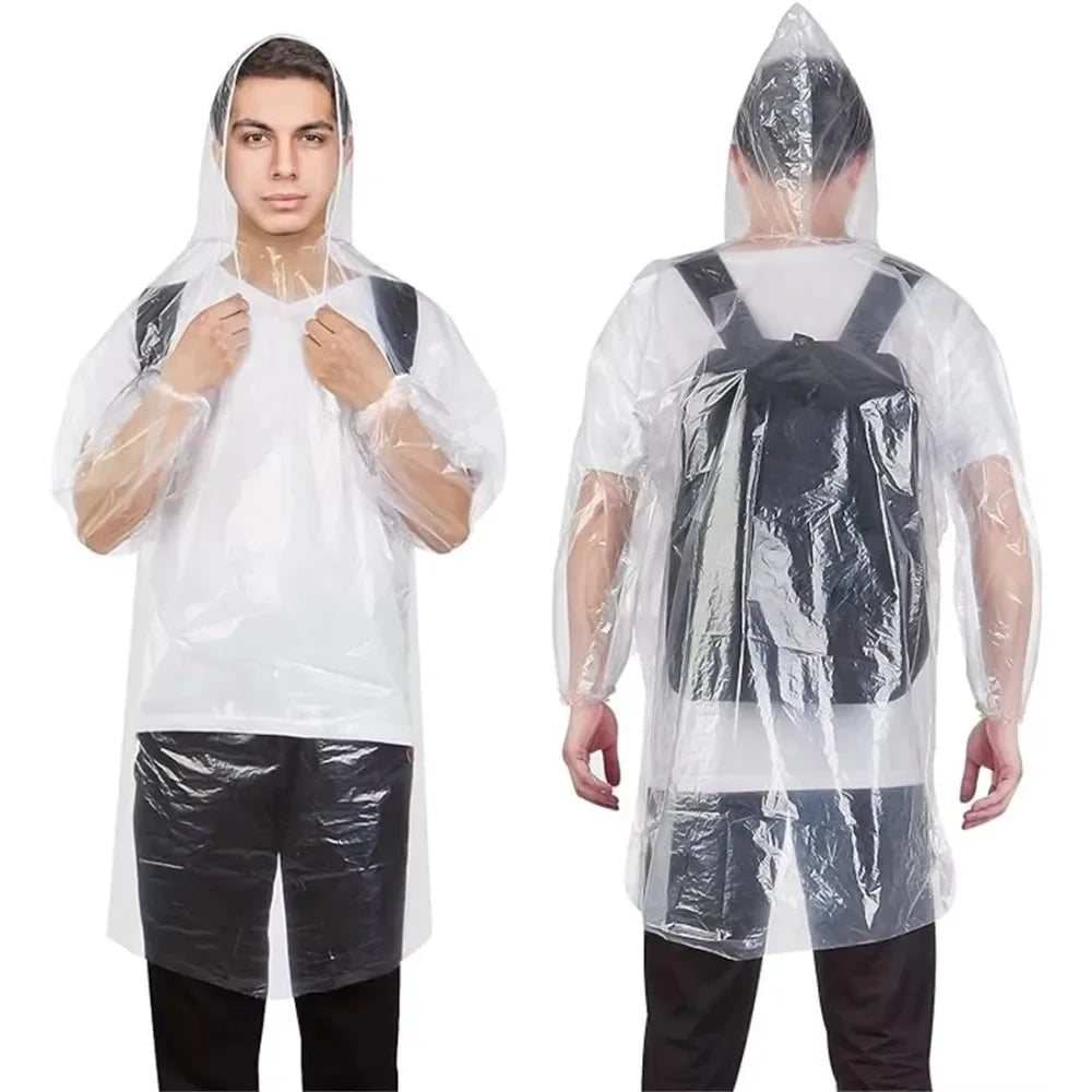 Disposable Waterproof Rain Poncho with Hood — For Adults & Kids (1–10pcs)