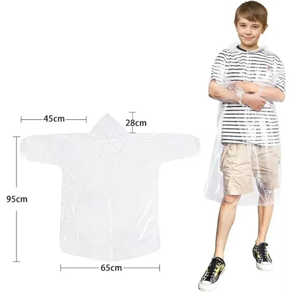 Disposable Waterproof Rain Poncho with Hood — For Adults & Kids (1–10pcs)
