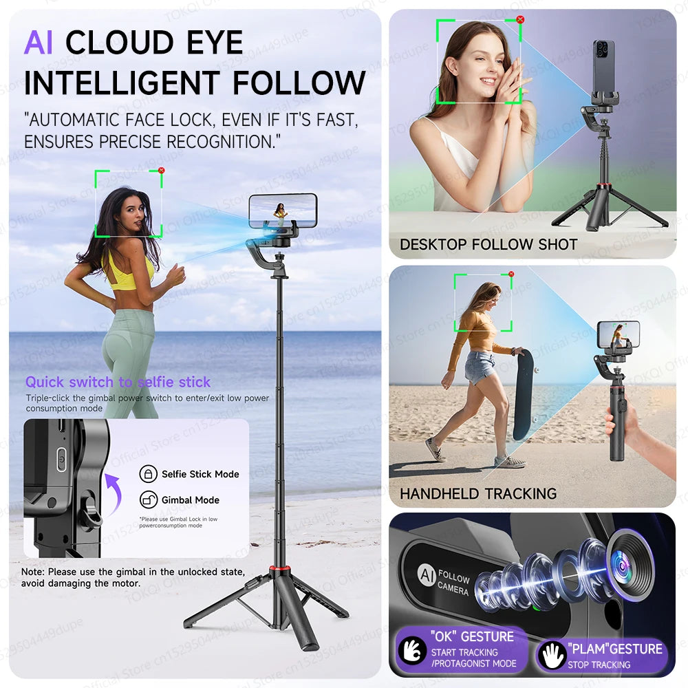 AI Face Tracking Gimbal Stabilizer - 360 Auto-Rotating Smart Phone Holder & Tripod