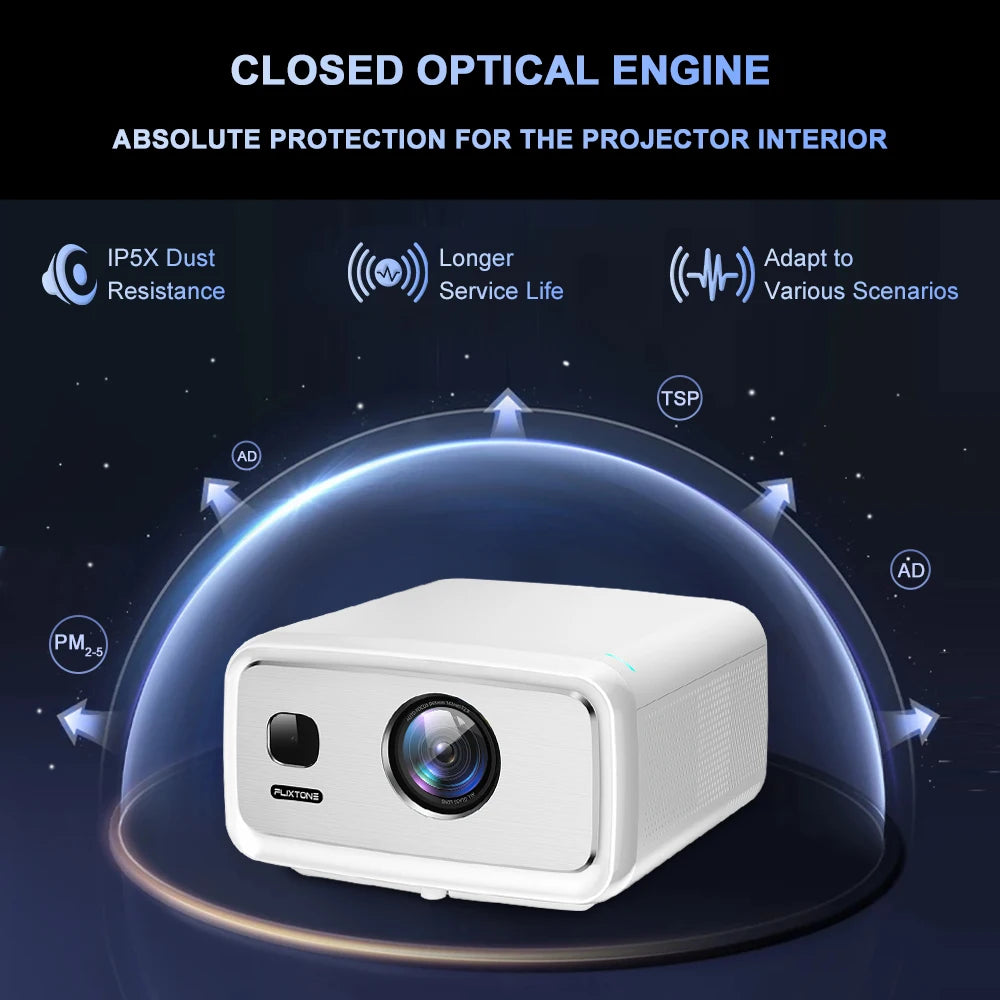 Flixtone D10S Projector 4000 ANSI Lumens 4K Video Decode Full HD Resolution Android 15.0 Smart System Cinema-level Home Theater Beamer with Auto Focus Keystone Correction Portable Smart TV Projector for Family Gathering Bedro