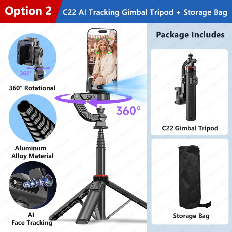 AI Face Tracking Gimbal Stabilizer - 360 Auto-Rotating Smart Phone Holder & Tripod
