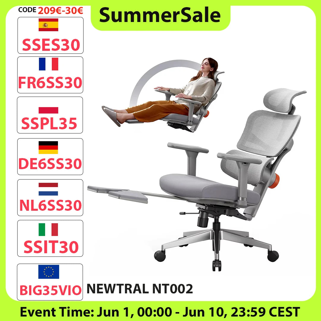 NEWTRAL NT002 Ergonomic Chair Adaptive Lower Back Support with Footrest 4 Recline Angle Adjustable Backrest Armrest Headrest