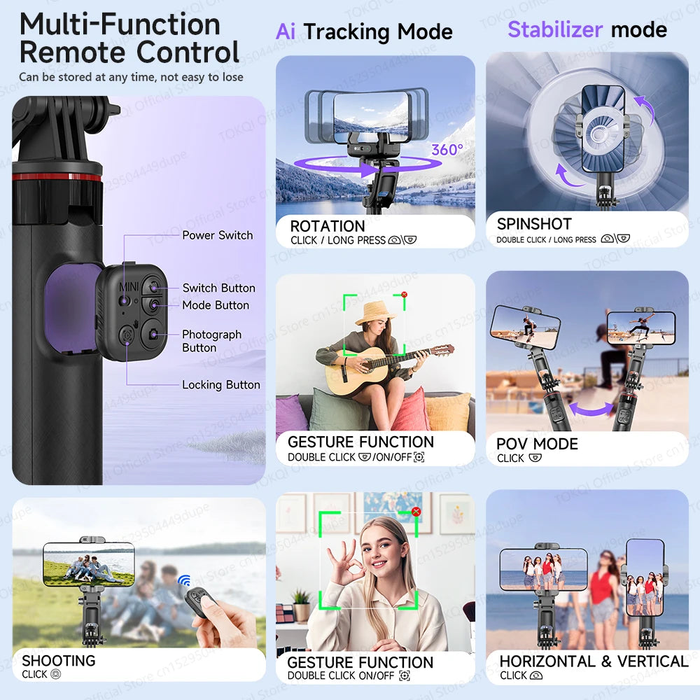 AI Face Tracking Gimbal Stabilizer - 360 Auto-Rotating Smart Phone Holder & Tripod