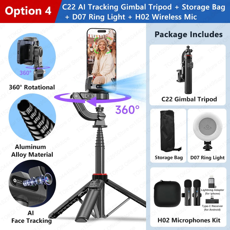AI Face Tracking Gimbal Stabilizer - 360 Auto-Rotating Smart Phone Holder & Tripod