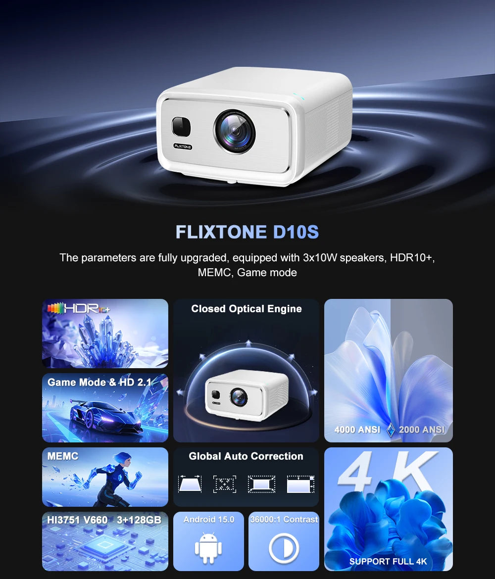 Flixtone D10S Projector 4000 ANSI Lumens 4K Video Decode Full HD Resolution Android 15.0 Smart System Cinema-level Home Theater Beamer with Auto Focus Keystone Correction Portable Smart TV Projector for Family Gathering Bedro