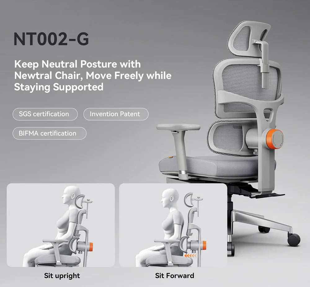 NEWTRAL NT002 Ergonomic Chair Adaptive Lower Back Support with Footrest 4 Recline Angle Adjustable Backrest Armrest Headrest