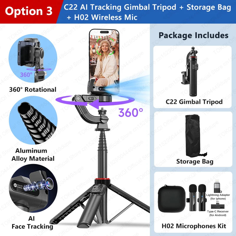 AI Face Tracking Gimbal Stabilizer - 360 Auto-Rotating Smart Phone Holder & Tripod